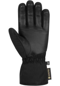 Guanti neri con palmo e dita in pelle, dorso in tessuto morbido, polsino arricciato per una vestibilità perfetta e etichetta GORE-TEX sul lato per la resistenza alle intemperie.