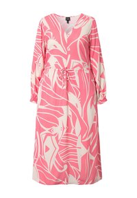 Langes rosa Kleid mit weißen abstrakten Blatt- und Blumenmustern, V-Ausschnitt, elastischem Taillenbund und gerafften langen Ärmeln. Glatte Stofftextur.