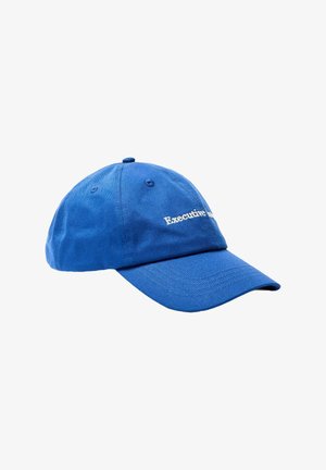 Cappellino da baseball blu in cotone, con visiera curva e testo ricamato "Executive" in bianco sul davanti.