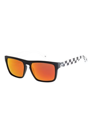 Black rectangular sunglasses with orange mirrored lenses and black-and-white checkered patterned arms.