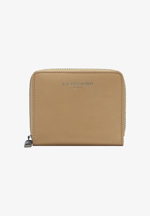 Beżowy portfel z skóry z zamkiem na całym obwodzie, z wytłoczonym na przedniej stronie srebrnym logo "Liebeskind Berlin" oraz srebrnym suwakiem po lewej stronie.