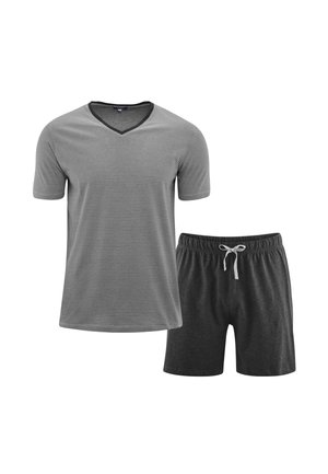 Grau und schwarz gestreiftes V-Ausschnitt-T-Shirt, kombiniert mit dunkelgrauen Shorts mit elastischem Bund und Kordelzug. Aus weichem Baumwollmischgewebe.
