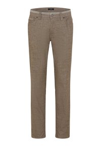 Hellbraune Hose mit strukturiertem Muster, Slim-Fit, fünf Taschen und Knopfverschluss. Der Stoff wirkt weich und hat ein lässiges Design.
