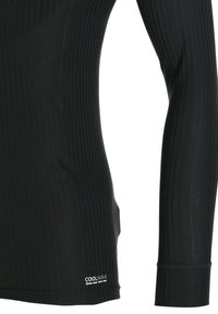 Zwarte langemouwen shirt van ribbed Coolmax stof, met een aansluitend ontwerp en een subtiel merkje aan de zoom.