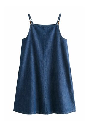 Sleeveless dark blue denim dress with thin adjustable shoulder straps and a straight neckline, hanging flat on a white background.