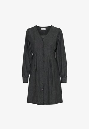 Abito in denim grigio scuro con maniche lunghe a sbuffo, scollo a V, chiusura con bottoni e vita cinte per una silhouette strutturata.