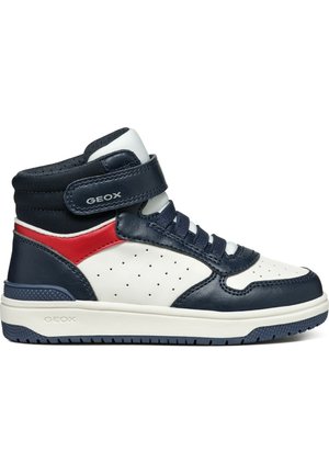 Hoge sneakers met een navy lederen bovenwerk, witte geperforeerde accenten, rode details en een klittenbandsluiting met een gestructureerde zool.