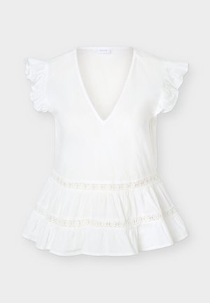 Λευκό μπλουζάκι με κοντά μανίκια, V-λαιμόκοψη, μανίκια με βολάν και στρωτό τελείωμα με δαντελένιες λεπτομέρειες.