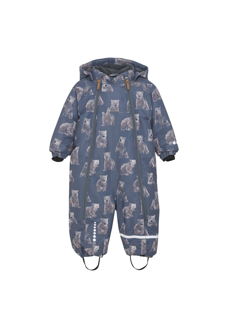 Blå børnesnowsuit med bjørnemønster, der har hætte, frontlynlås, elastiske manchetter og reflekterende detaljer for øget synlighed.