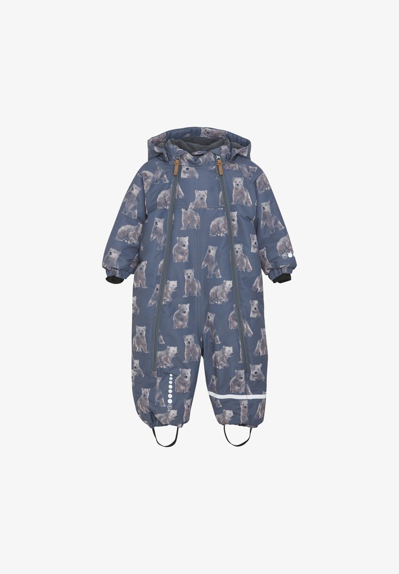 Blå børnesnowsuit med bjørnemønster, der har hætte, frontlynlås, elastiske manchetter og reflekterende detaljer for øget synlighed.