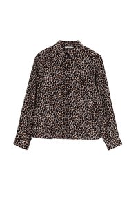 Leopard print long-sleeve shirt in shades of brown and black with a collared neckline and button-down front, featuring a relaxed fit.