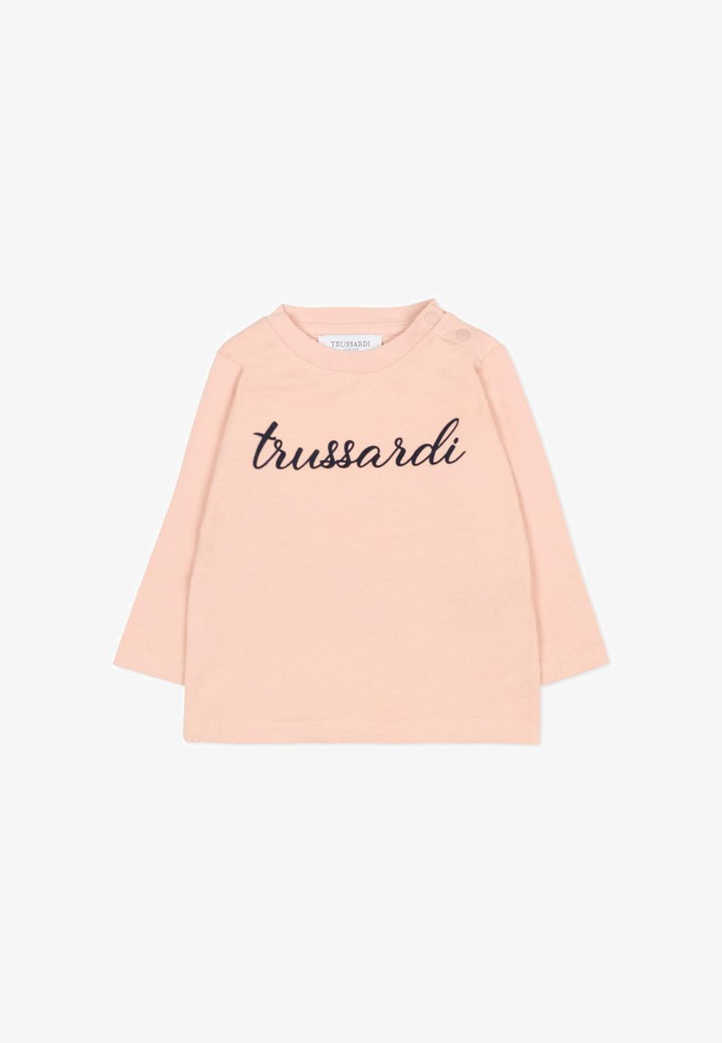 Różowa bluzka z długim rękawem, wykonana z miękkiej bawełny, z okrągłym dekoltem. Na przodzie znajduje się czarny napis "trussardi" oraz detal z zatrzaskiem na ramieniu.