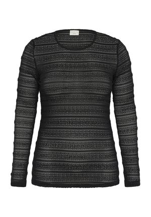 Top negru cu mânecă lungă, ajustat, având dungi de dantelă orizontale și decolteu rotund.