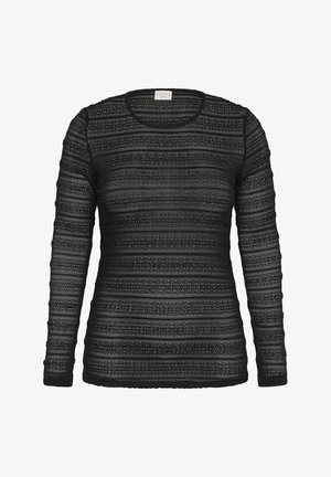 Zwarte, lange mouwen, aansluitende top met horizontale kanten strepen en een ronde halslijn.