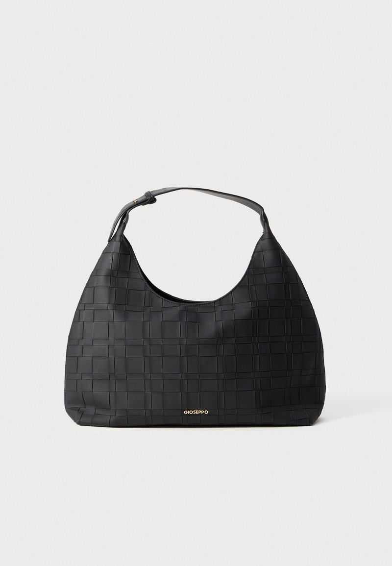 Sac à main tissé noir avec une silhouette incurvée, fabriqué en matériau lisse. Présente une seule anse et un logo de marque subtil en doré.
