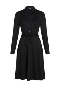 Abito nero a maniche lunghe con colletto, chiusura frontale a bottoni e cintura annodata in vita. Tessuto liscio, gonna svasata e design classico.