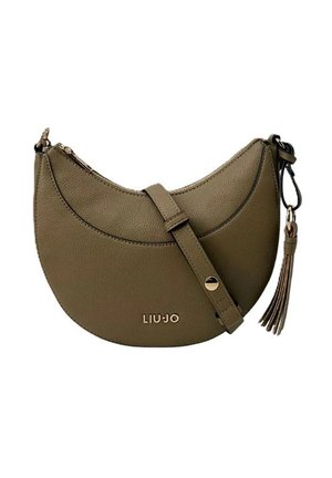 Borsa a mezzaluna verde oliva con tracolla regolabile, chiusura con cerniera, dettaglio con nappina e logo dorato "LIU JO" sulla parte anteriore.
