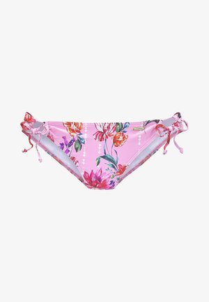 Parte inferior de bikini floral en color rosa con lazos a cada lado. Presenta patrones de flores multicolores y un material suave y elástico.