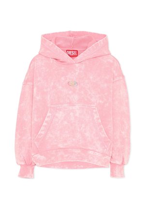 Różowa bluza z kapturem w stylu tie-dye z przednią kieszenią, długimi rękawami z prążkowanymi mankietami oraz małym wielokolorowym logo na piersi, metka marki Diesel wewnątrz kaptura.