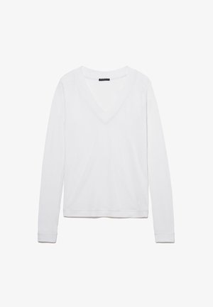 Haut blanc à manches longues en V, fabriqué dans un matériau doux, avec des poignets côtelés et un design épuré sans motifs ni accents visibles.
