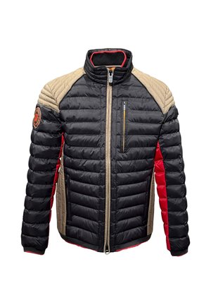 Padded jacket featuring black, red, and beige panels with a high collar, front zip, and side zip pockets; smooth texture and quilted design.