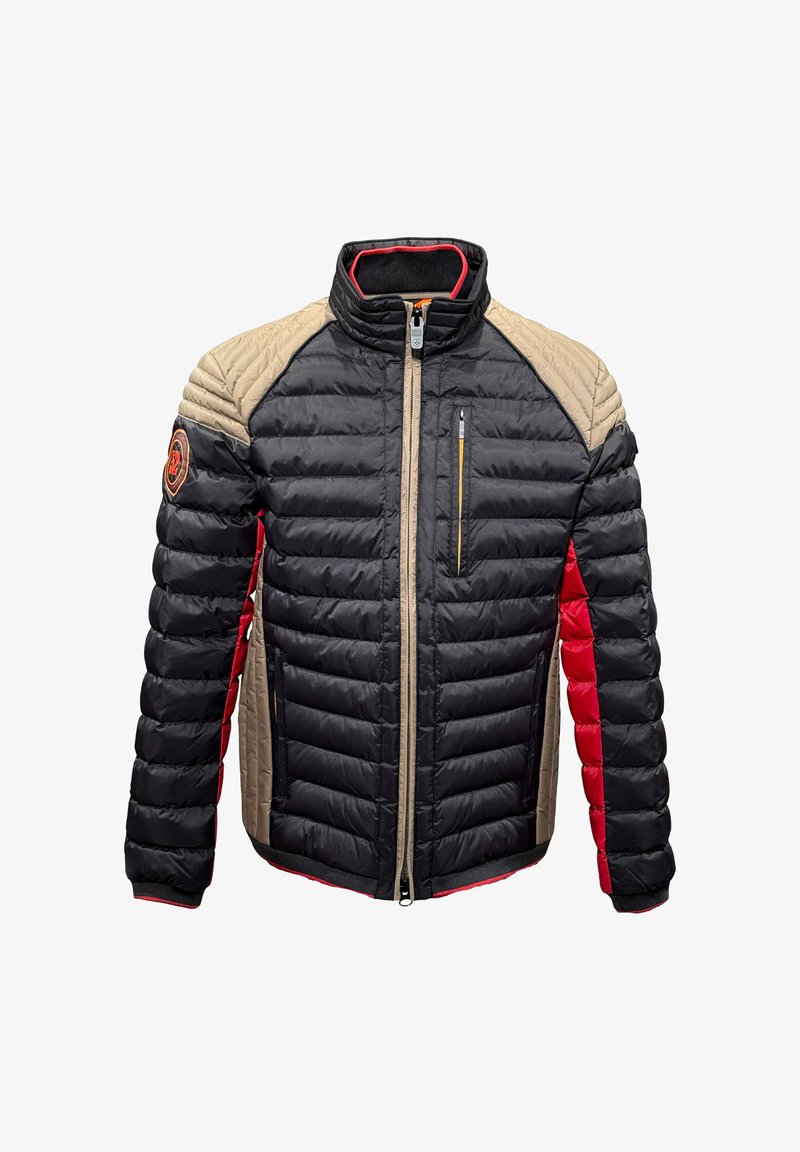 Padded jacket featuring black, red, and beige panels with a high collar, front zip, and side zip pockets; smooth texture and quilted design.