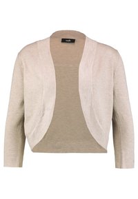 Light beige cropped cardigan with an open front, 3/4 sleeves, and a soft, lightweight texture. Features a seamless design and no fasteners.