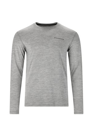 Langærmet skjorte i lys grå, lavet af blødt, struktureret stof. Har en rund halsudskæring og et lille sort logo øverst til venstre.