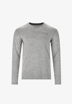 Langærmet skjorte i lys grå, lavet af blødt, struktureret stof. Har en rund halsudskæring og et lille sort logo øverst til venstre.