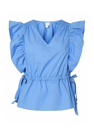 Blauwe katoenen blouse met een V-hals, geruffelde schoudermouwen en een gathered taille met strikjes aan de zijkanten voor een verstelbare pasvorm. Soepele textuur.