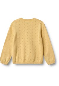 Kollane kootud kampsun, millel on ümar kaelus, pikad varrukad ja reljeefne teemantmuster kogu kangal. Pehme tekstuur, soonilised varrukasäärised.