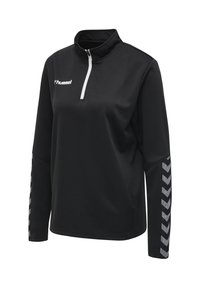 Top sportivo nero a manica lunga con cerniera bianca al quarto, logo bianco del marchio sul petto e strisce argentate a chevron lungo entrambe le maniche.