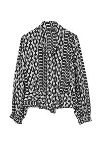 Blusa bianca e nera con motivo a catena, realizzata in tessuto morbido, con colletto, maniche lunghe e polsini elastici.