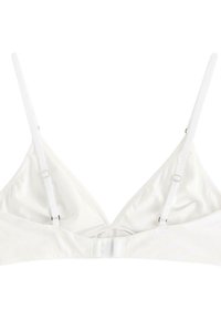 Vit, triangelformad bralette av mjukt tyg med justerbara band och en hyssochögla-stängning baktill. Enkel, minimal design.