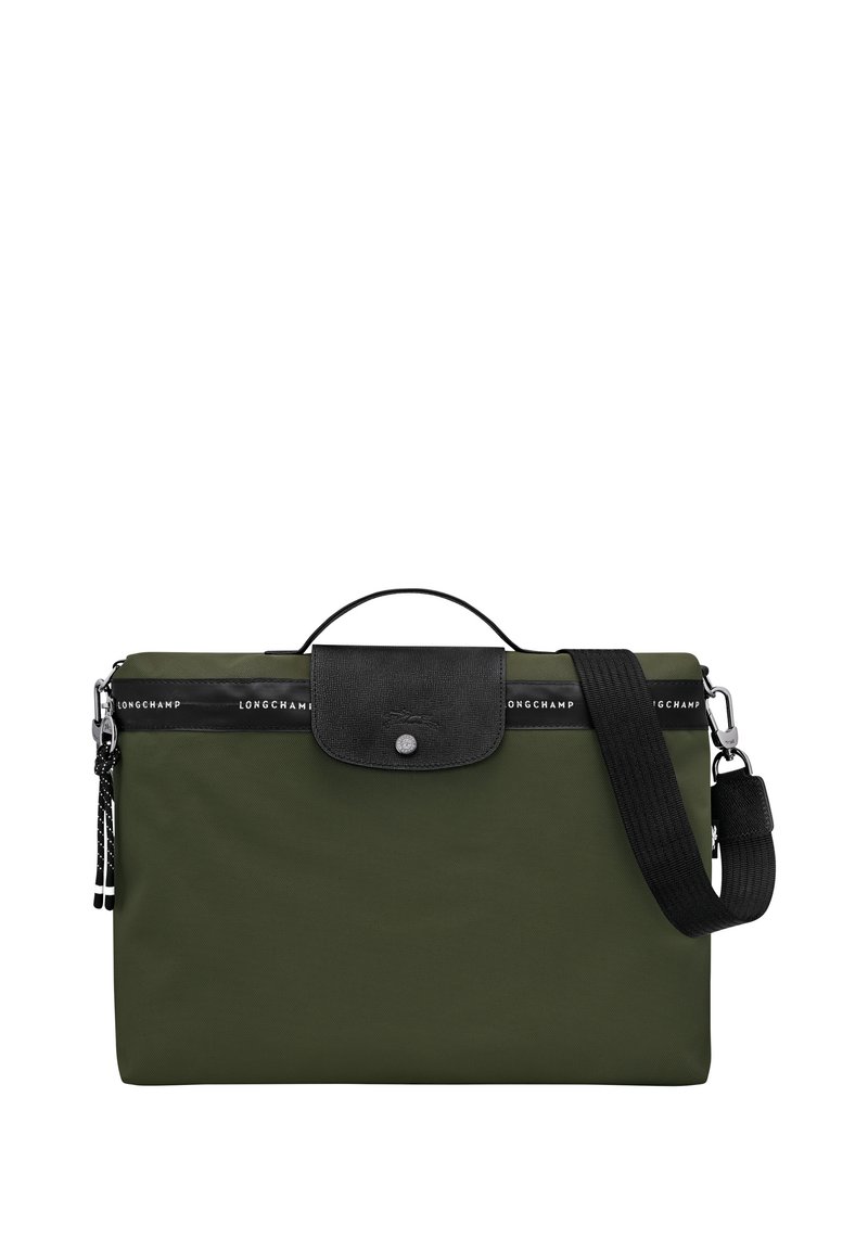 Green nylon bag with a black leather flap, top handle, adjustable strap, and logo detailing; rectangular shape with smooth texture.