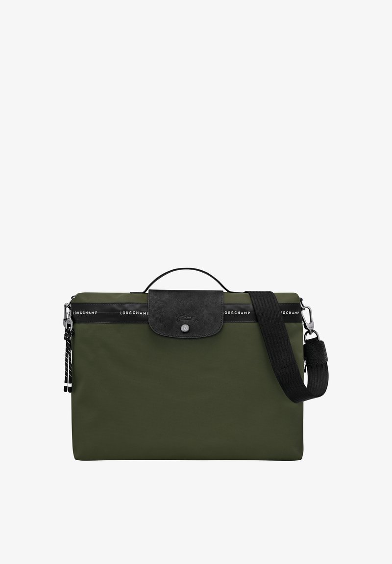 Green nylon bag with a black leather flap, top handle, adjustable strap, and logo detailing; rectangular shape with smooth texture.