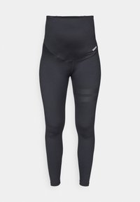 Svart høyt midja leggings laget av stretchstoff, med en glatt tekstur og to horisontale mesh-striper på underbenet.