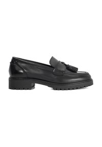 Black leather loafers with a round toe, decorative tassel trim, and chunky, textured rubber sole designed for traction.