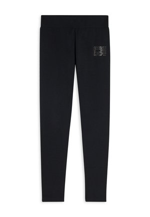 Leggings neri realizzati in tessuto morbido e elasticizzato. Presentano un'ampia vita e un piccolo logo stampato sulla coscia superiore sinistra.