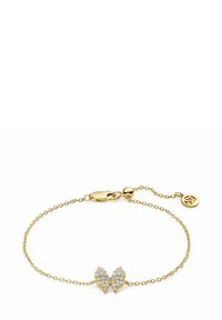 Guldkedjaarmband med en fjärilsdesign prydd med glittrande rhinestones och ett kräftklo, med en rund logocharm fäst.