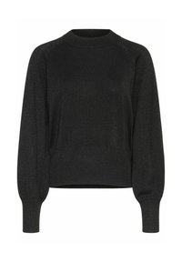 Schwarzer Pullover mit strukturiertem Finish. Mit Rundhalsausschnitt, langen Puffärmeln und cropped Saum. Einfaches Design ohne Muster.