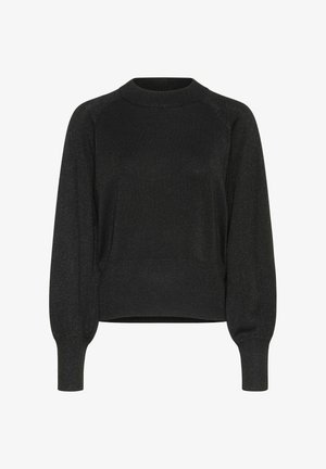 Crni pulover s teksturiranom završnom obradom. Ima okrugli izrez, dugačke puf rukave i skraćeni rub. Jednostavan dizajn bez uzoraka.