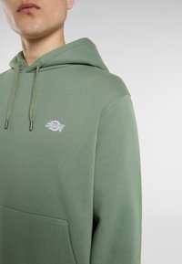 Man i ljusgrön hoodie med en liten vit logotyp på bröstet. Bakgrunden är neutral och framhäver klädesplaggen.