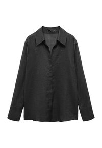 Camisa de lino negra de manga larga con cuello, cierre frontal de botones, corte holgado y dobladillo recto, que presenta una sutil textura en la tela.
