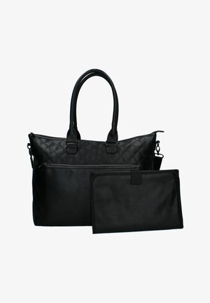 Zwarte leren tote bag met een gequilt patroon, dubbele handvatten en een externe ritszak. Inclusief een afneembare platte tas.