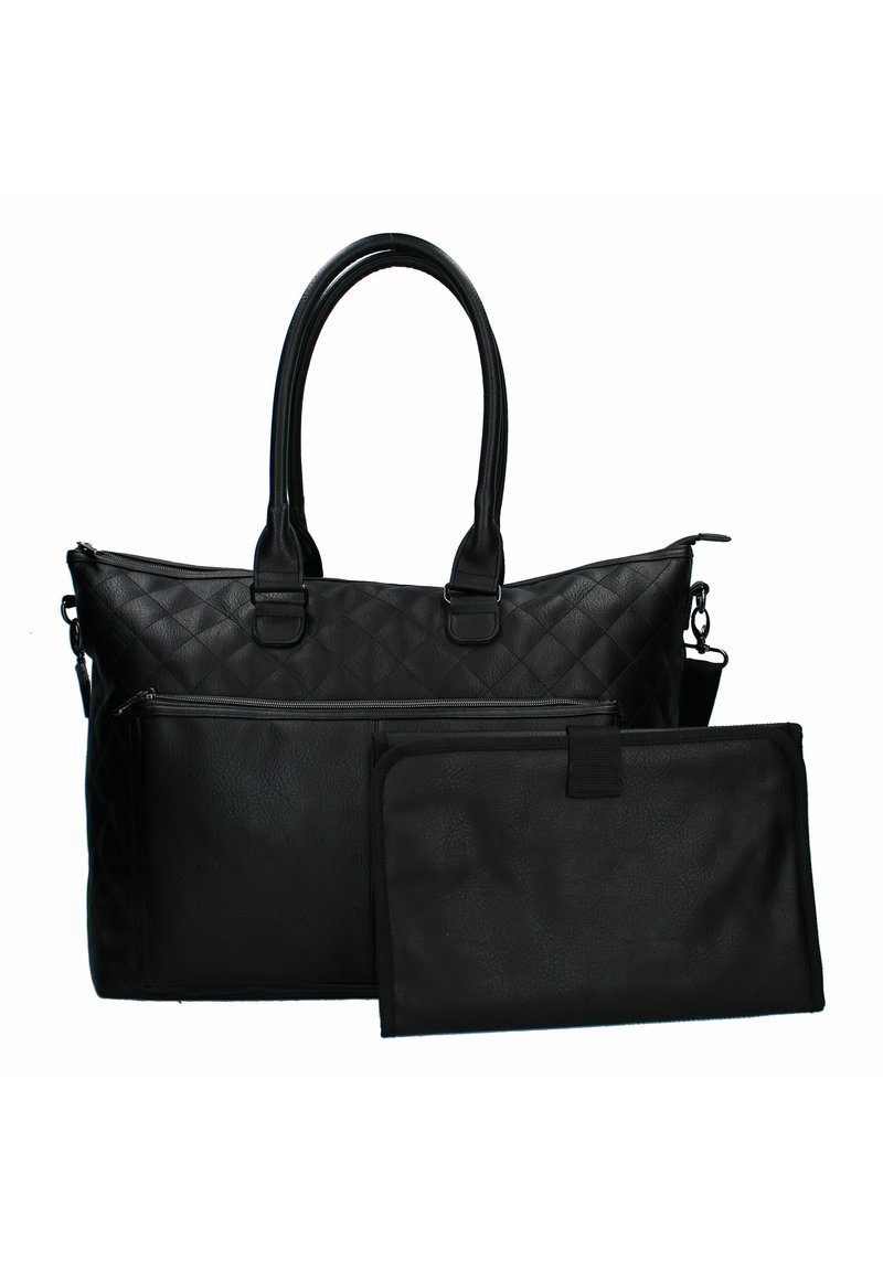 Must musträkbaga, millel on tikkimiseline muster, kahekordsed käepidemed ja väline lukuga tasku. Kaasas on eemaldatav lame kotike.