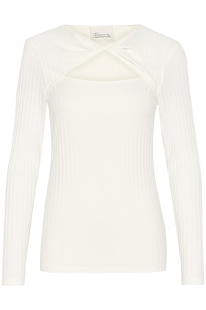 Maglietta bianca a maniche lunghe con texture a costine, caratterizzata da un dettaglio annodato sul colletto e un'apertura sotto il collo.