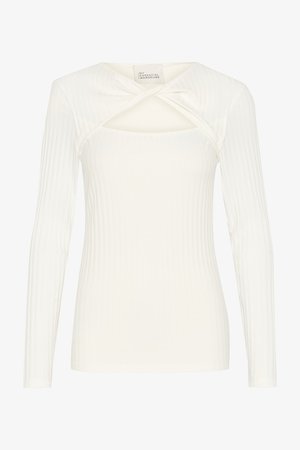 Maglietta bianca a maniche lunghe con texture a costine, caratterizzata da un dettaglio annodato sul colletto e un'apertura sotto il collo.