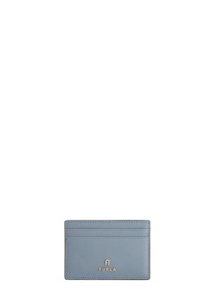 Furla cardholder in soft light blue leather, featuring multiple card slots and a small metallic logo at the bottom center. Smooth texture.