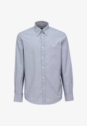 Svetlo modrá košeľa s gombíkmi, klasickým golierom, dlhými rukávmi a malým bielym vyšitým logom na hrudi. Vyrobená z textúrovanej bavlnenej tkaniny.